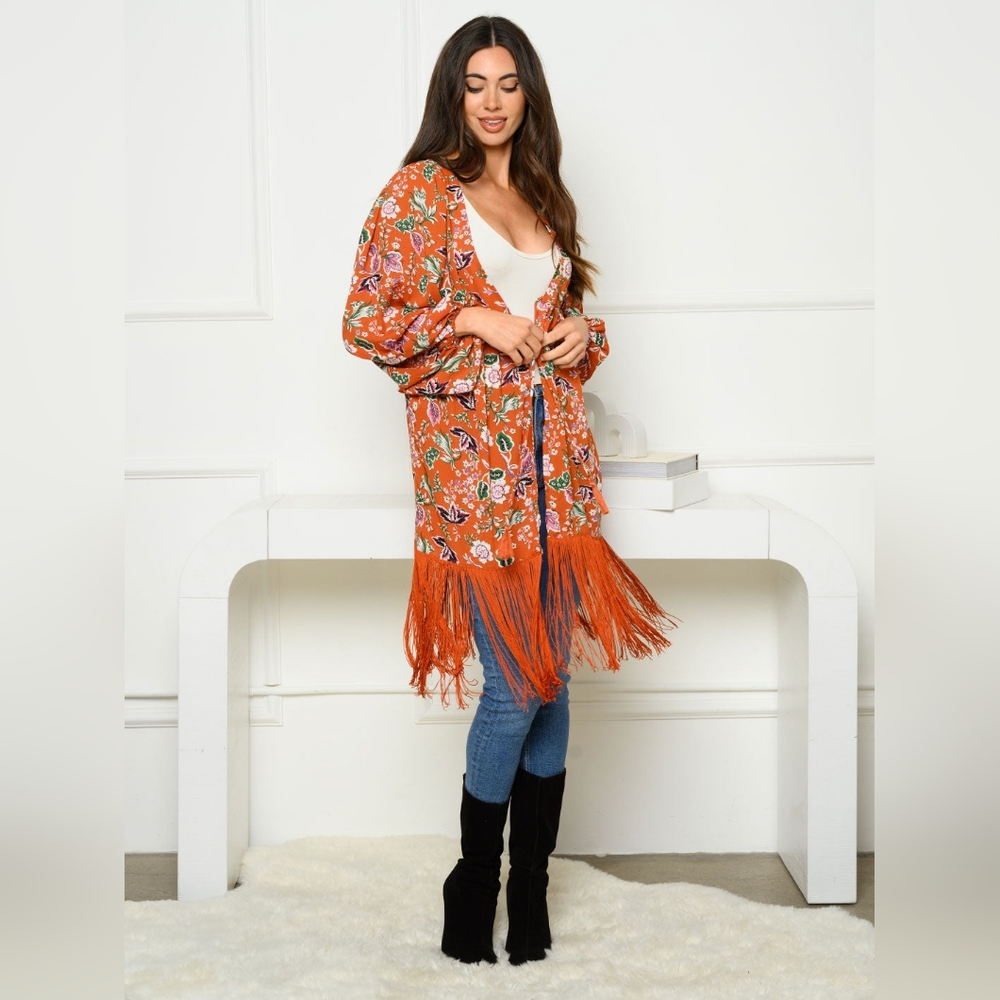 SALE! 002. 3/4 SLEEVE OPEN FRONT FRINGE FLORAL KIMONO